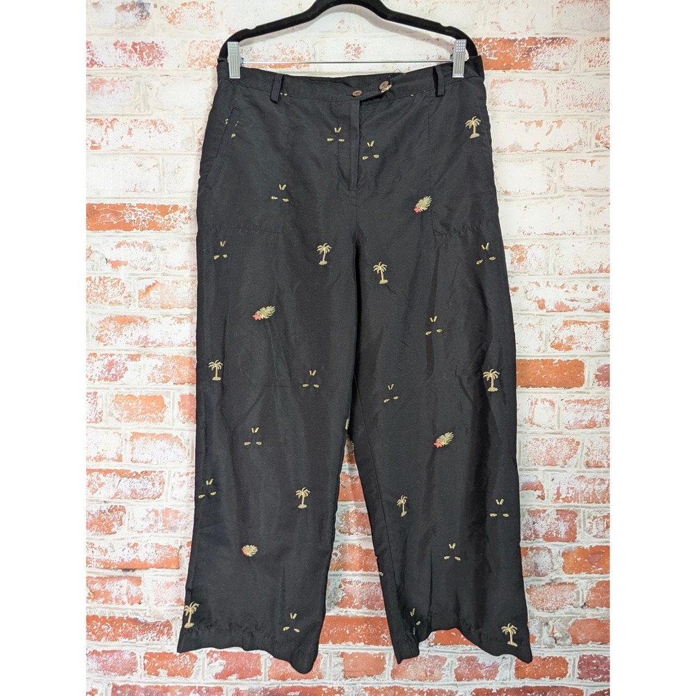 Sag Harbor Sport Embroidered Crop Pants Womens 16 Black Vtg Palm Tree Pineapple